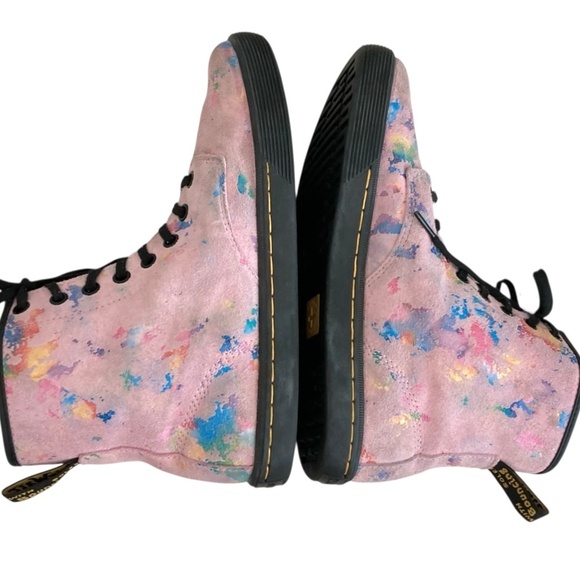 DR MARTENS Sheridan Confetti Suede Combat Ankle Boots Pink Rainbow Burst - Picture 8 of 13